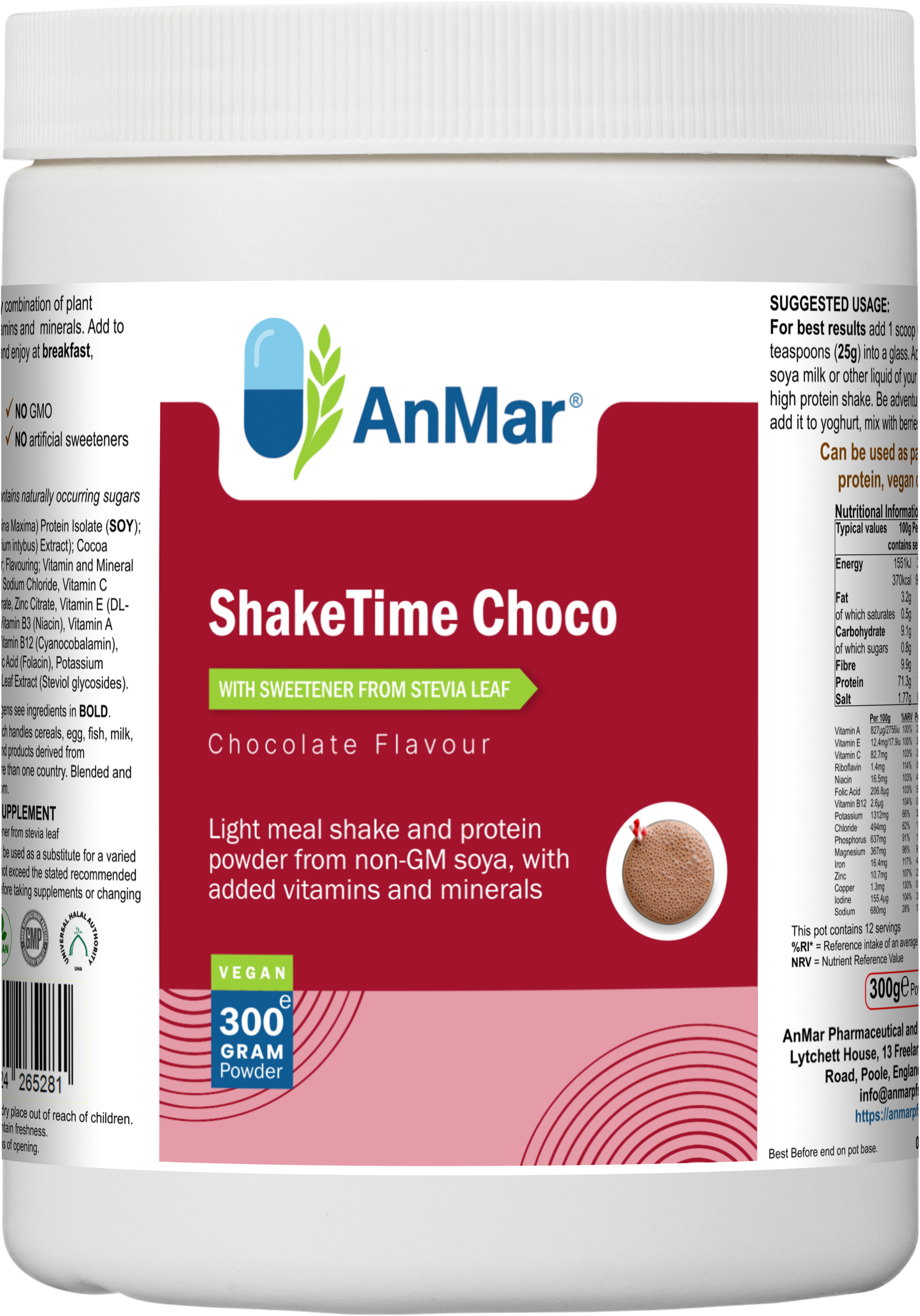 Front label of AnMar™ ShakeTime Choco 300g vegan chocolate protein powder with stevia, showing product name, flavour, benefits, and vegan certification.