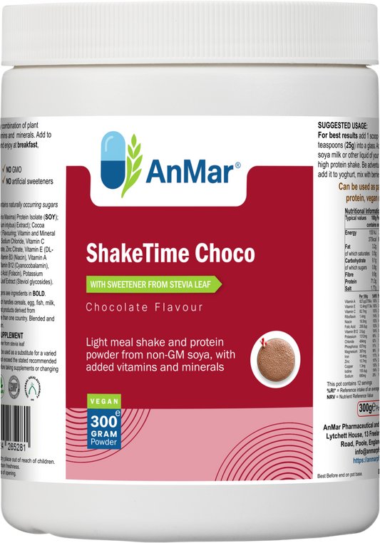 Front label of AnMar™ ShakeTime Choco 300g vegan chocolate protein powder with stevia, showing product name, flavour, benefits, and vegan certification.