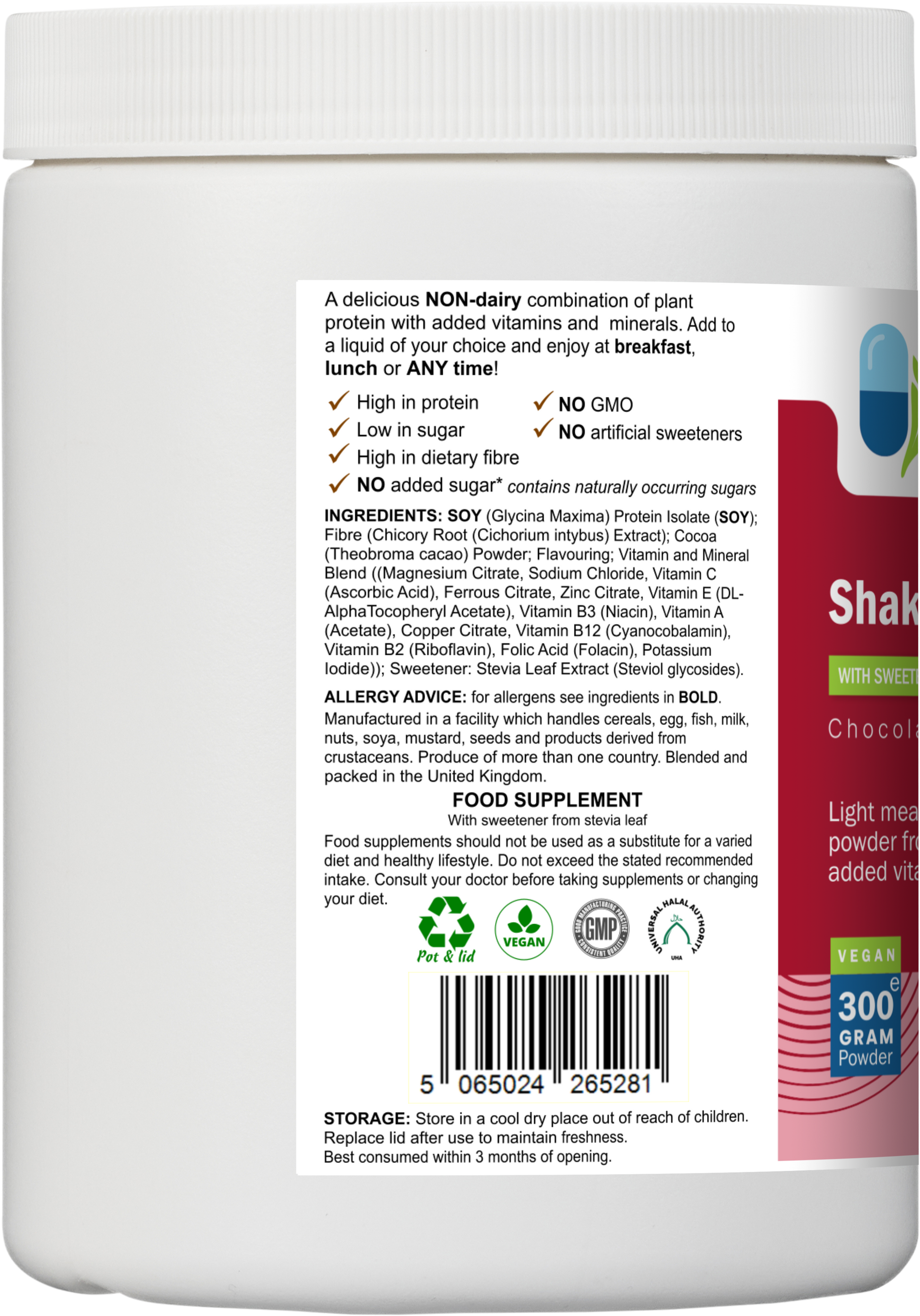 Left-side label of AnMar™ ShakeTime Choco displaying ingredients list, allergen warnings, vegan certification, and barcode on a 300g chocolate protein powder tub.