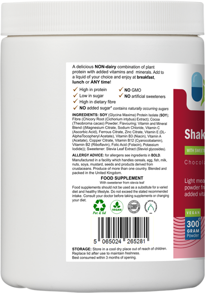Left-side label of AnMar™ ShakeTime Choco displaying ingredients list, allergen warnings, vegan certification, and barcode on a 300g chocolate protein powder tub.