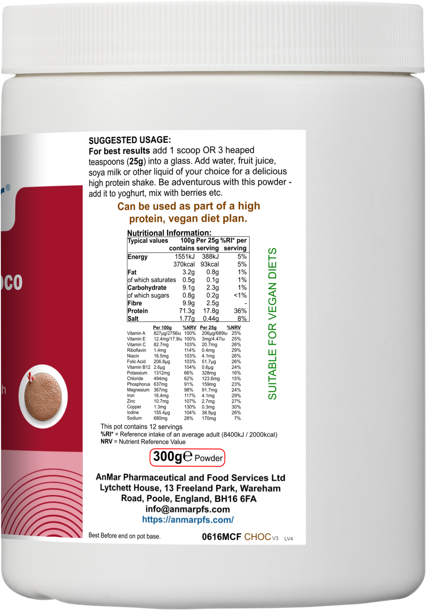 Side label of AnMar™ ShakeTime Choco showing suggested usage, nutritional values per 25g serving, and suitability for vegan diets on a 300g chocolate protein powder tub.