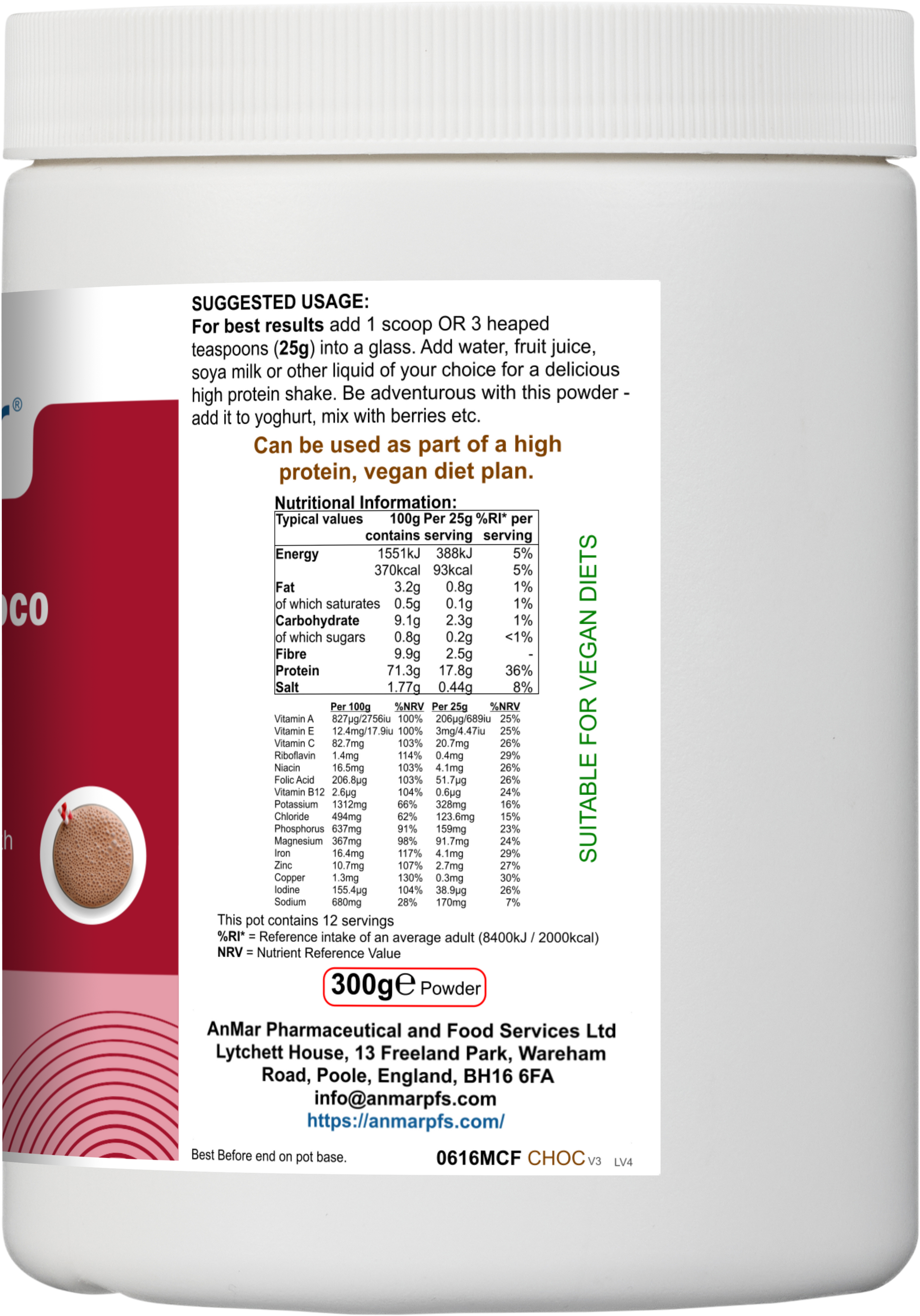 Side label of AnMar™ ShakeTime Choco showing suggested usage, nutritional values per 25g serving, and suitability for vegan diets on a 300g chocolate protein powder tub.