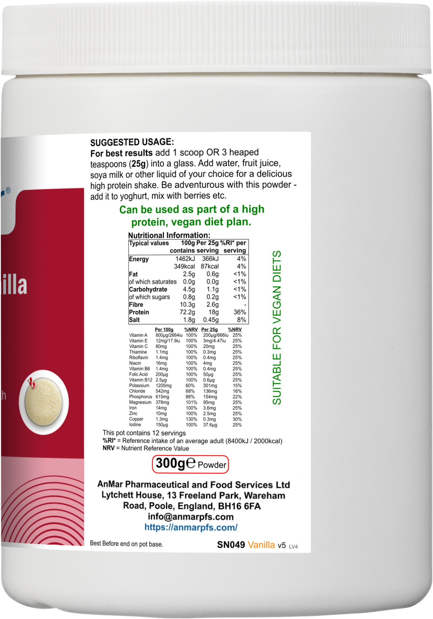 Side label of AnMar™ ShakeTime Vanilla 300g tub showing suggested usage instructions, full nutritional breakdown per 100g and 25g serving, and company contact information.