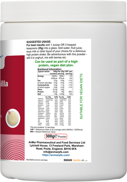 Side label of AnMar™ ShakeTime Vanilla 300g tub showing suggested usage instructions, full nutritional breakdown per 100g and 25g serving, and company contact information.
