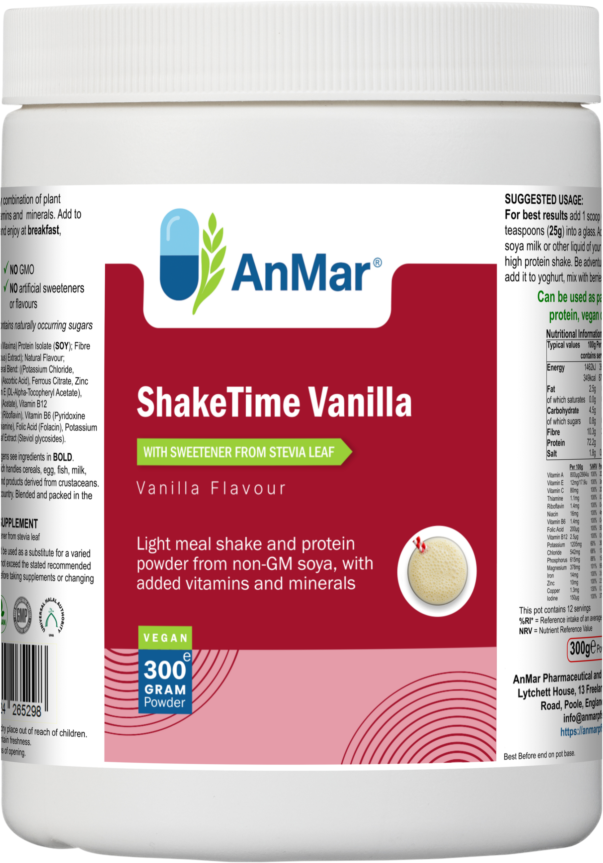 Angled view of AnMar™ ShakeTime Vanilla, a 300g vegan meal replacement and protein shake with non-GMO soy, vitamins, minerals, and stevia sweetener.