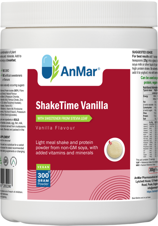Angled view of AnMar™ ShakeTime Vanilla, a 300g vegan meal replacement and protein shake with non-GMO soy, vitamins, minerals, and stevia sweetener.