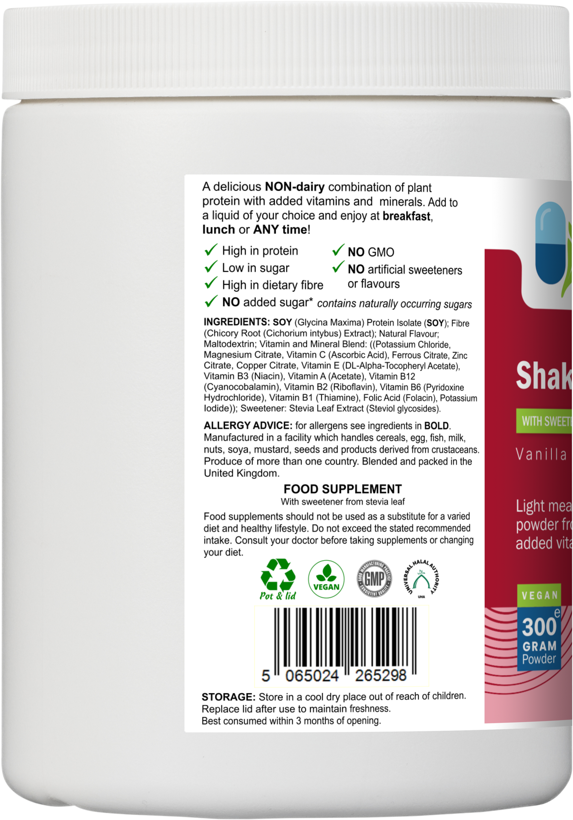 Rear label of AnMar™ ShakeTime Vanilla 300g tub showing non-dairy soy protein ingredients, nutritional highlights, allergen advice, and barcode.