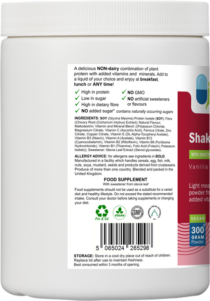Rear label of AnMar™ ShakeTime Vanilla 300g tub showing non-dairy soy protein ingredients, nutritional highlights, allergen advice, and barcode.