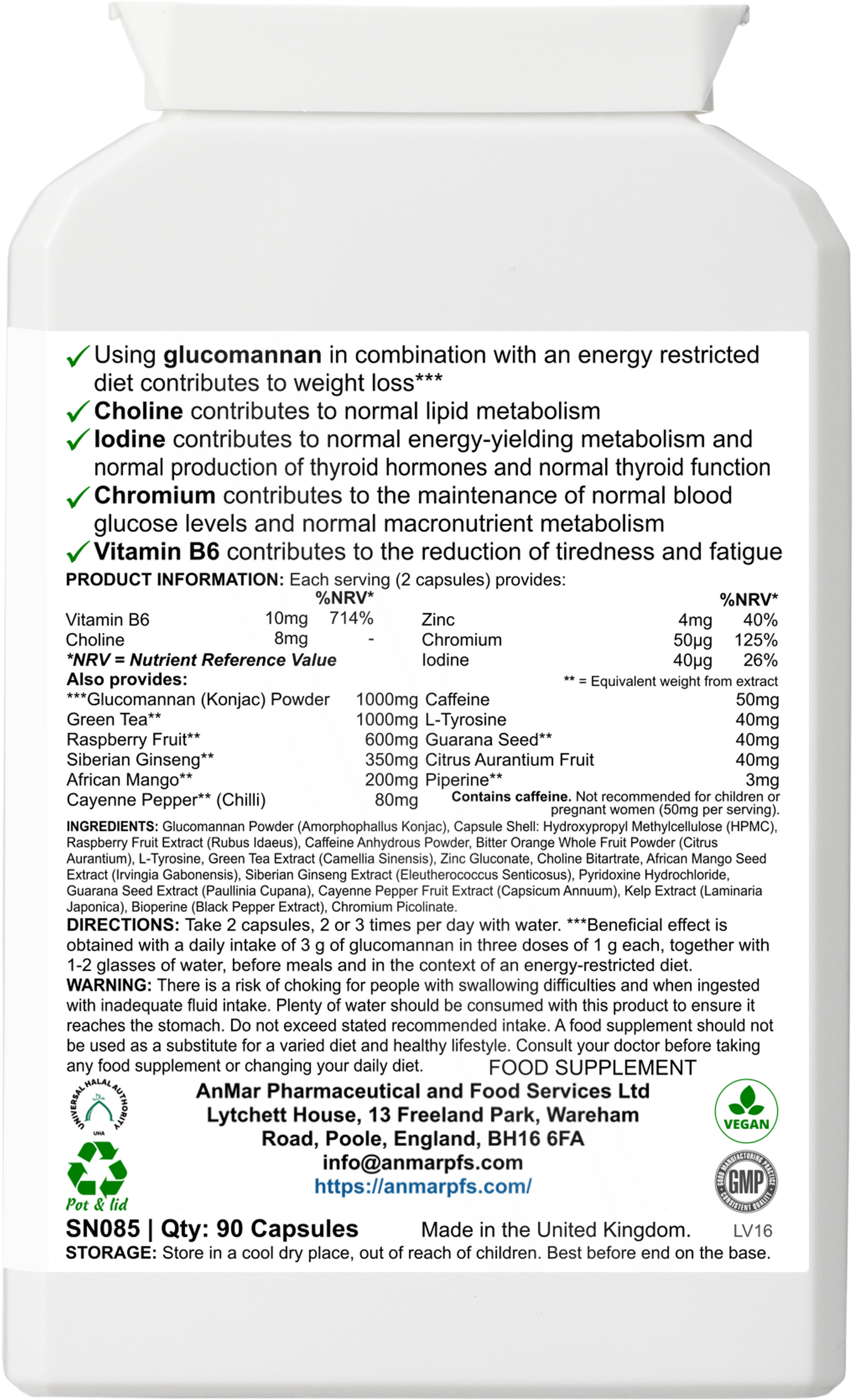 Back label of AnMar™ ThermoBurn+ showing supplement facts, usage instructions, and full ingredient list including glucomannan, green tea, cayenne, chromium, and vitamins.