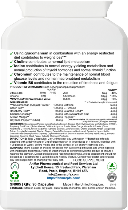 Back label of AnMar™ ThermoBurn+ showing supplement facts, usage instructions, and full ingredient list including glucomannan, green tea, cayenne, chromium, and vitamins.
