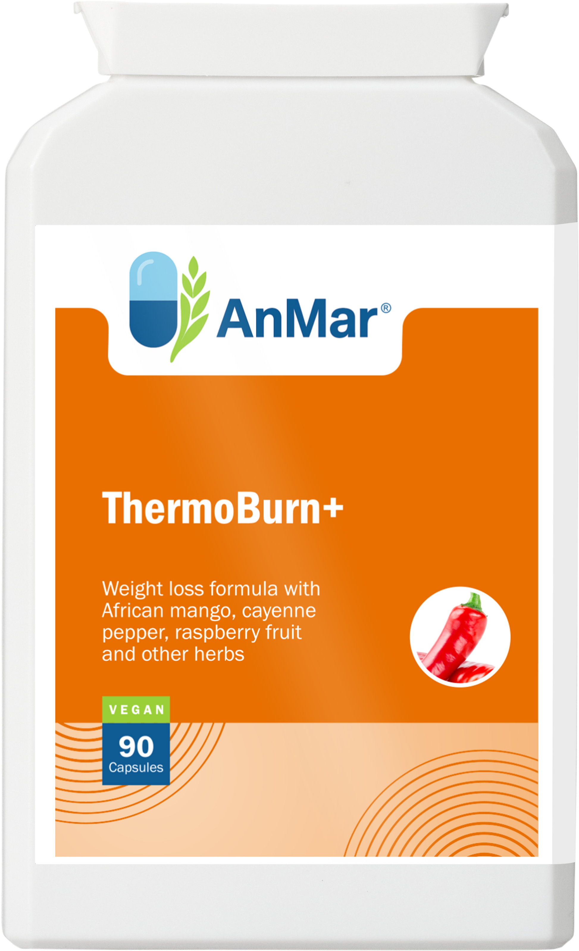 Front view of AnMar™ ThermoBurn+ supplement bottle with African mango, cayenne pepper, raspberry, and herbal blend – 90 vegan capsules.