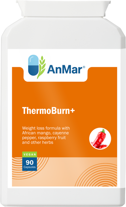 Front view of AnMar™ ThermoBurn+ supplement bottle with African mango, cayenne pepper, raspberry, and herbal blend – 90 vegan capsules.