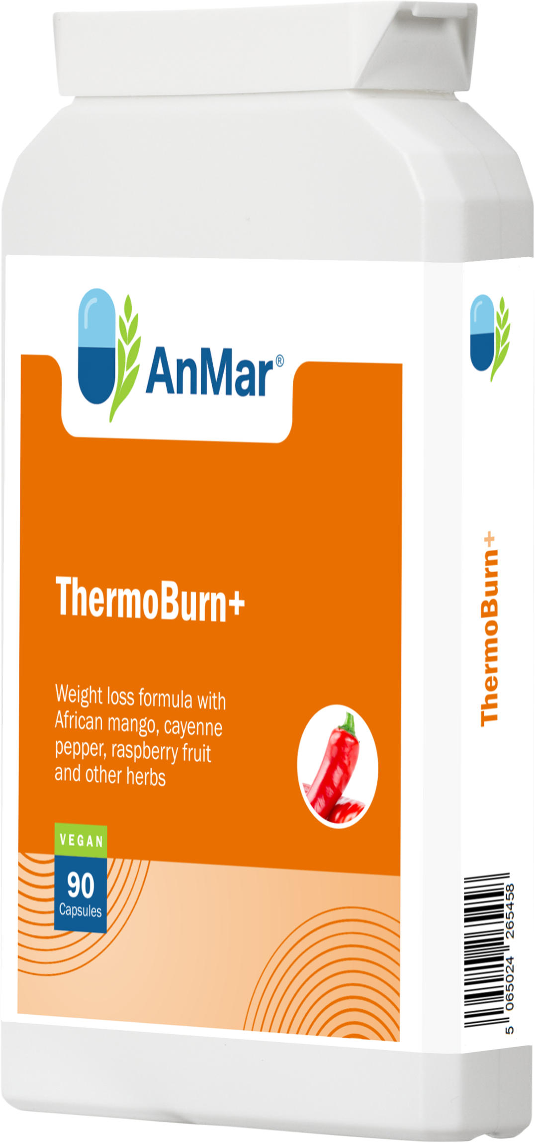 Angled front view of AnMar™ ThermoBurn+ bottle featuring a vegan weight loss supplement with African mango, cayenne, raspberry, and herbs – 90 capsules.