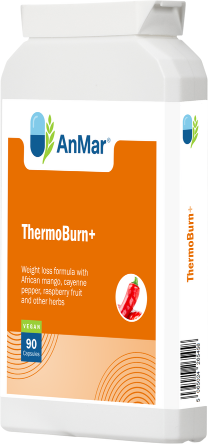 Angled front view of AnMar™ ThermoBurn+ bottle featuring a vegan weight loss supplement with African mango, cayenne, raspberry, and herbs – 90 capsules.