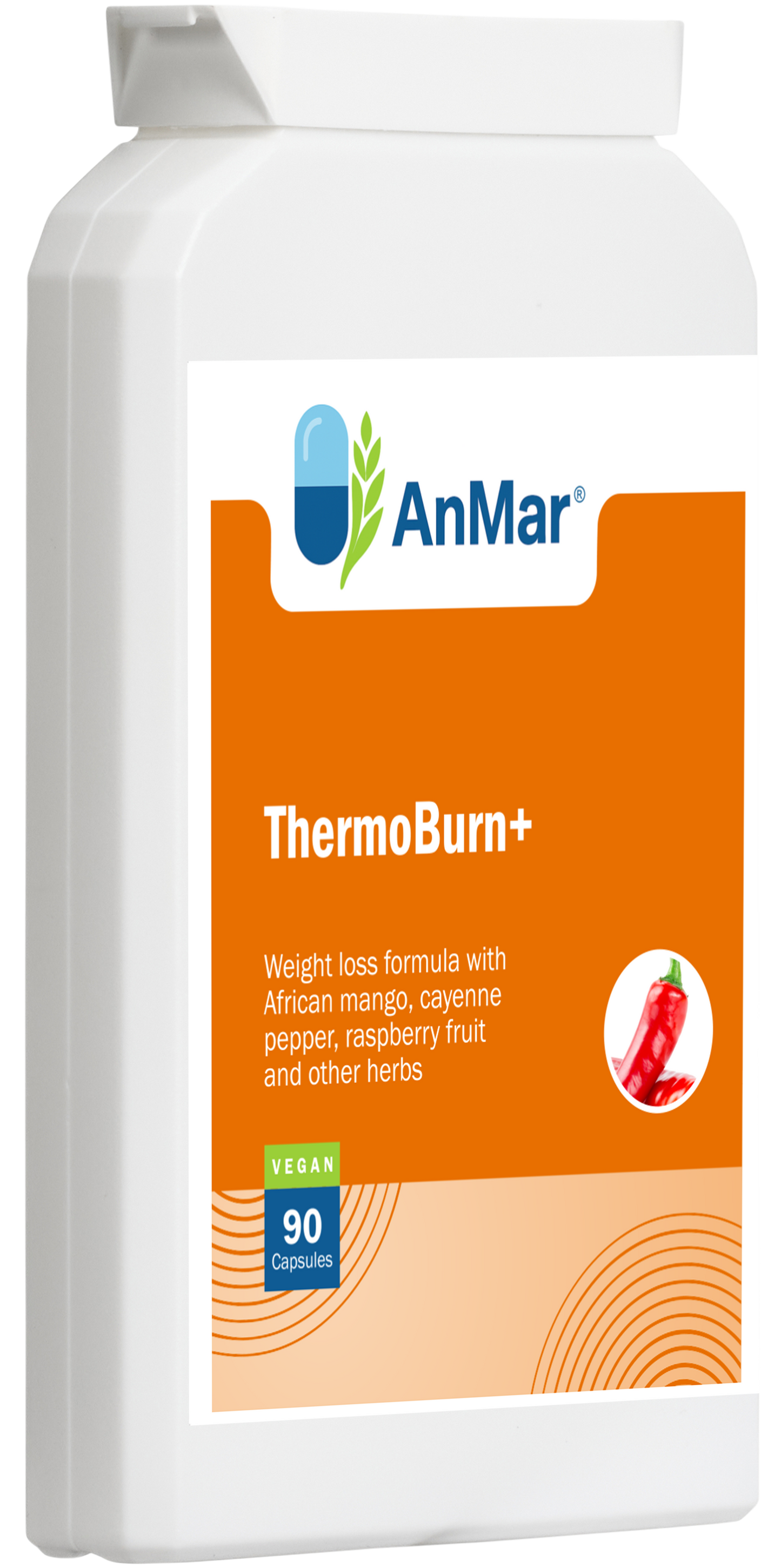 Angled front view of AnMar™ ThermoBurn+ bottle highlighting vegan-friendly formula with African mango, cayenne, raspberry, and herbs – 90 capsules.