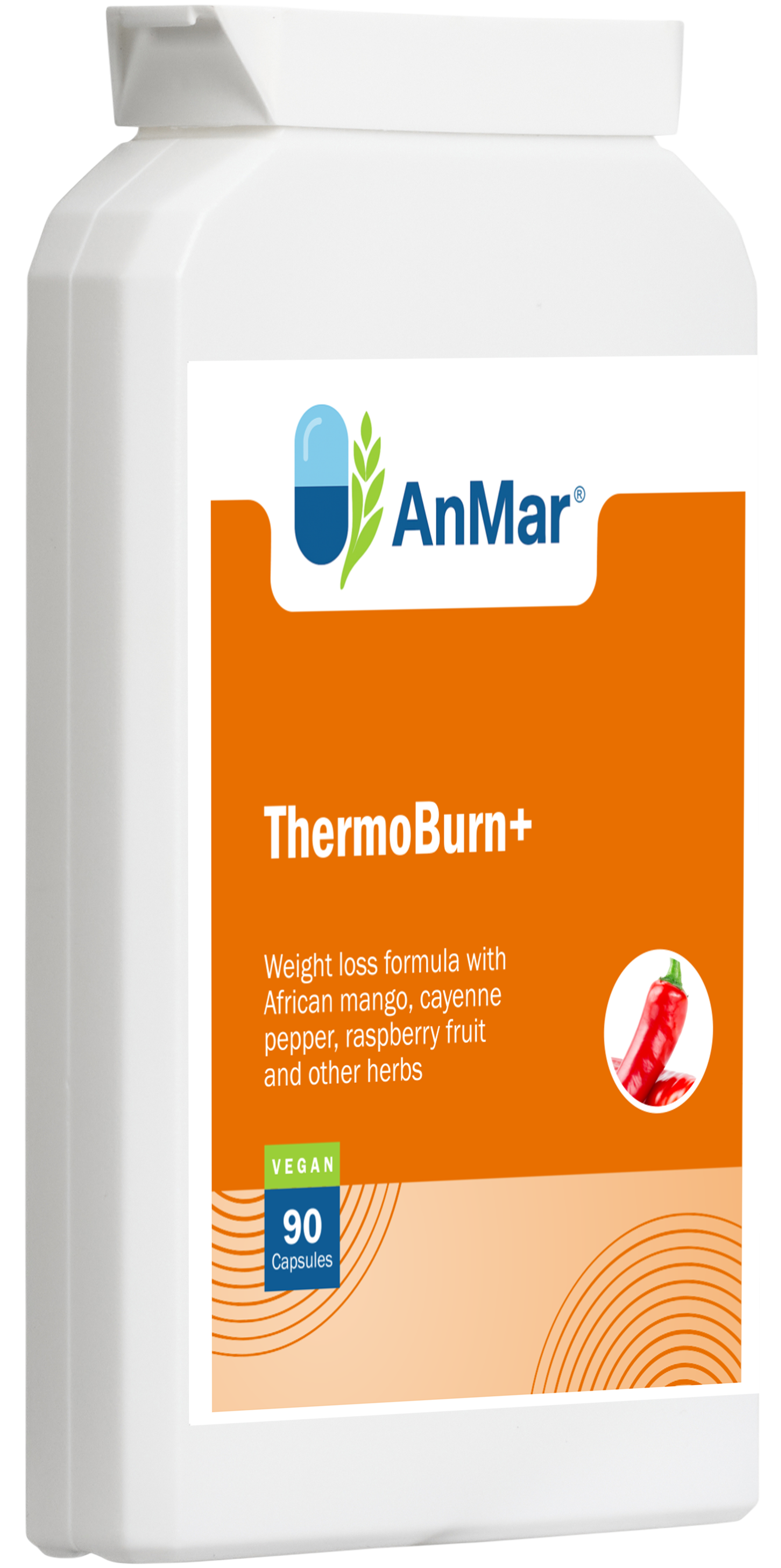 Angled front view of AnMar™ ThermoBurn+ bottle highlighting vegan-friendly formula with African mango, cayenne, raspberry, and herbs – 90 capsules.