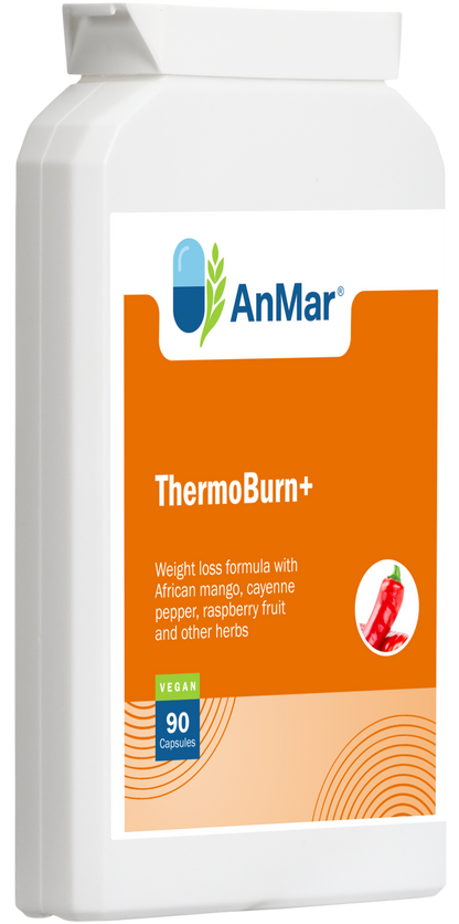 Angled front view of AnMar™ ThermoBurn+ bottle highlighting vegan-friendly formula with African mango, cayenne, raspberry, and herbs – 90 capsules.