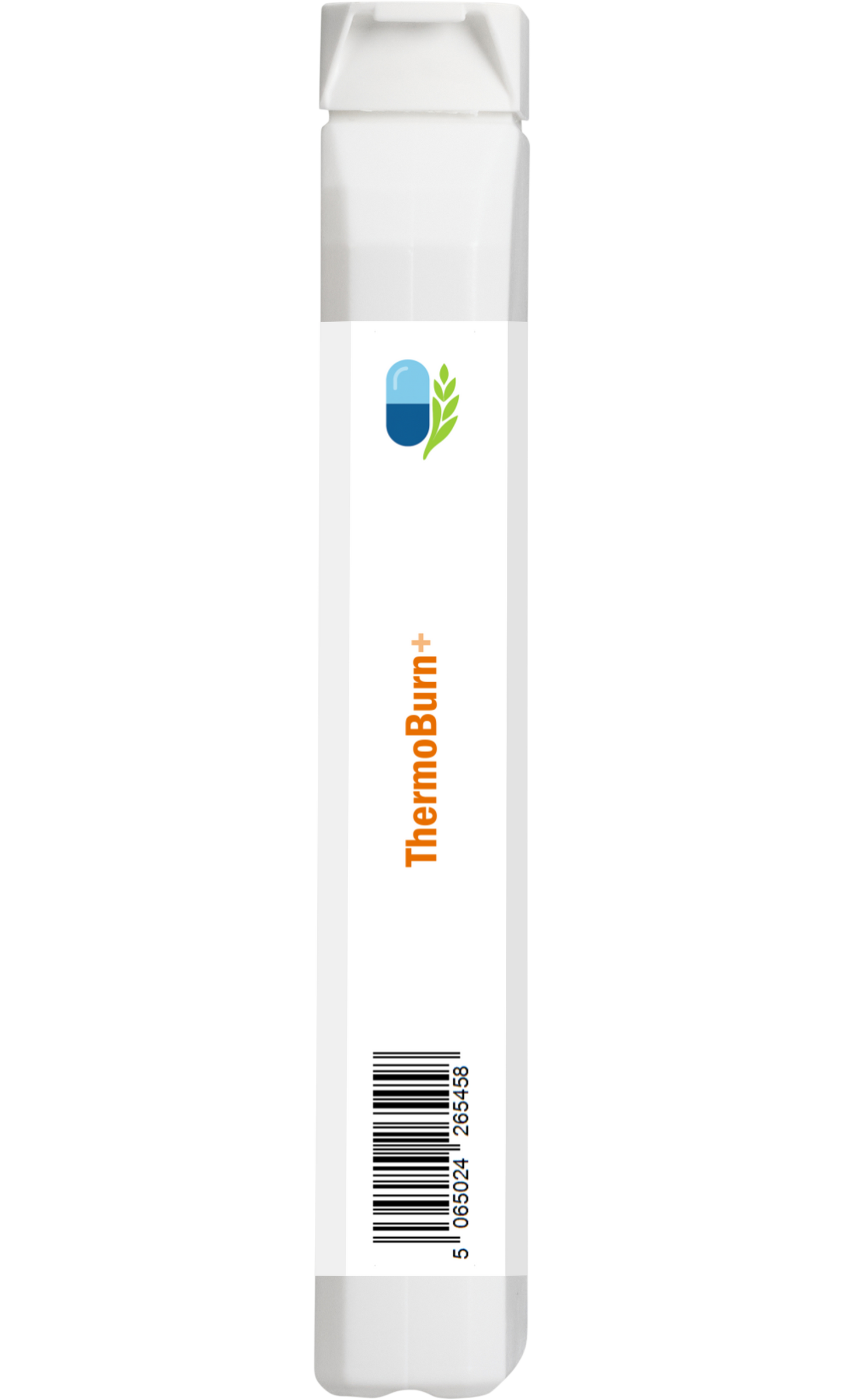 Side view of AnMar™ ThermoBurn+ supplement bottle showing barcode and blank white label panel.