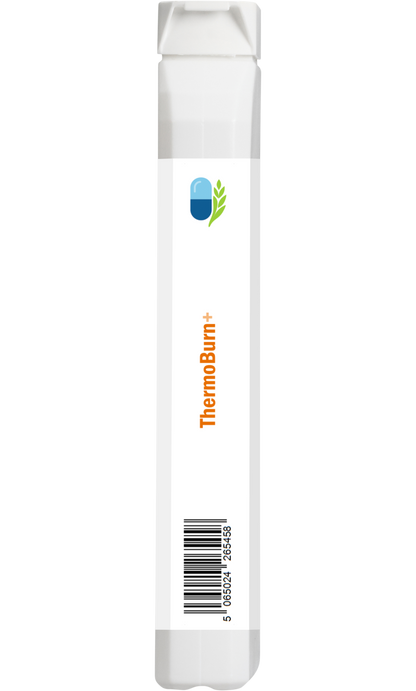 Side view of AnMar™ ThermoBurn+ supplement bottle showing barcode and blank white label panel.