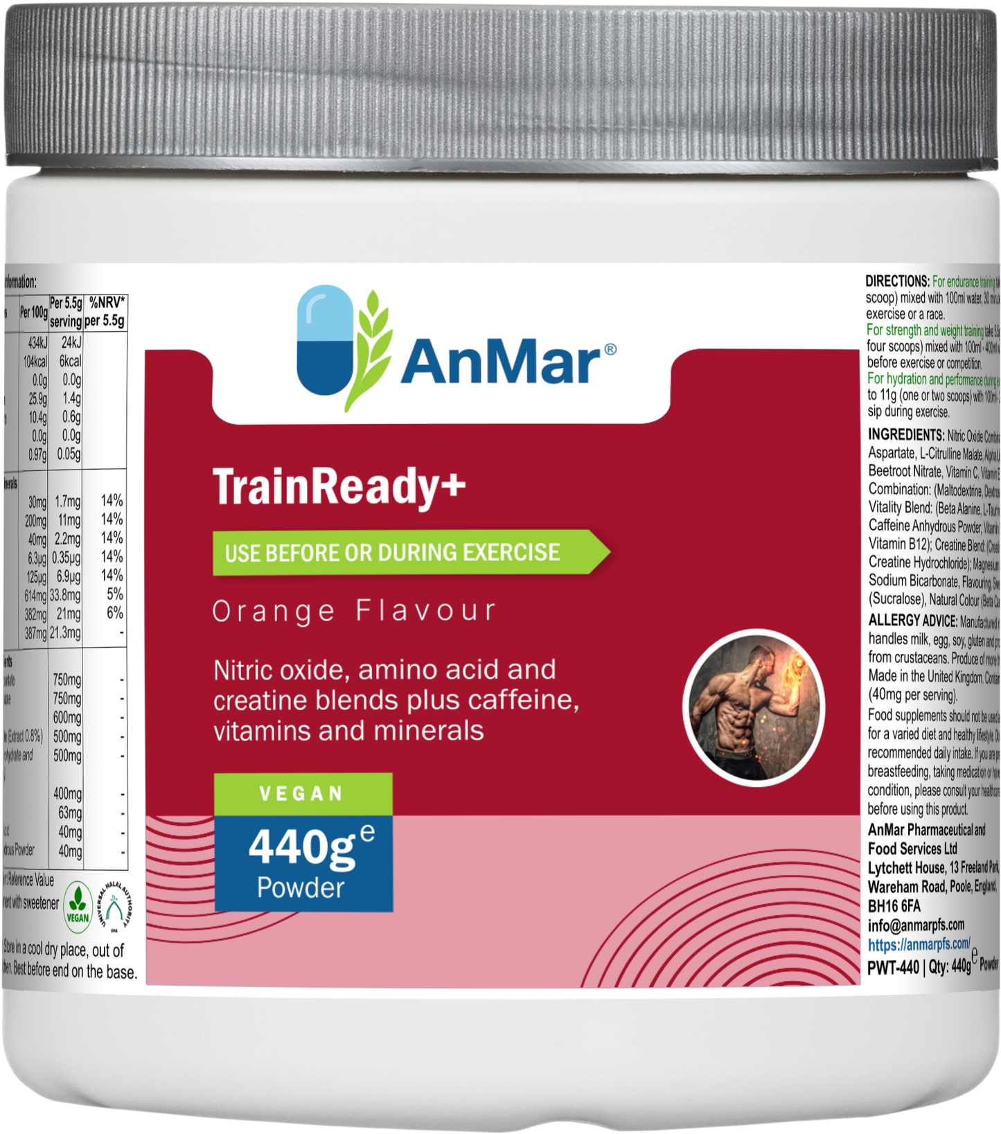 AnMar™ TrainReady+ pre-workout supplement – 440g orange-flavoured vegan powder tub with blue and green label, showing nitric oxide, amino acid, creatine, and caffeine blend