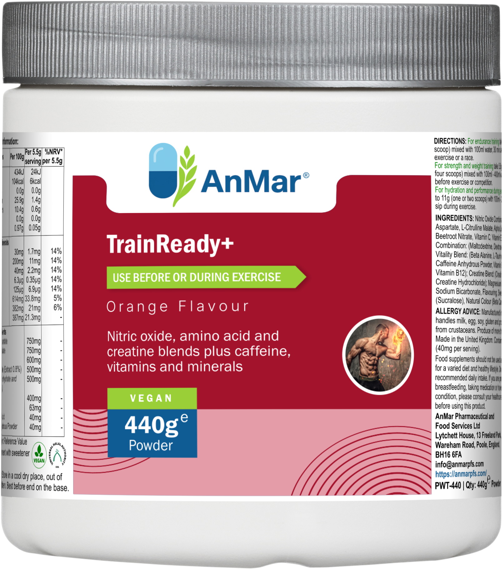 AnMar™ TrainReady+ pre-workout supplement – 440g orange-flavoured vegan powder tub with blue and green label, showing nitric oxide, amino acid, creatine, and caffeine blend