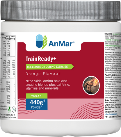 AnMar™ TrainReady+ pre-workout supplement – 440g orange-flavoured vegan powder tub with blue and green label, showing nitric oxide, amino acid, creatine, and caffeine blend