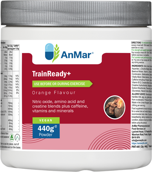 AnMar™ TrainReady+ pre-workout supplement – 440g orange-flavoured vegan powder tub with blue and green label, showing nitric oxide, amino acid, creatine, and caffeine blend