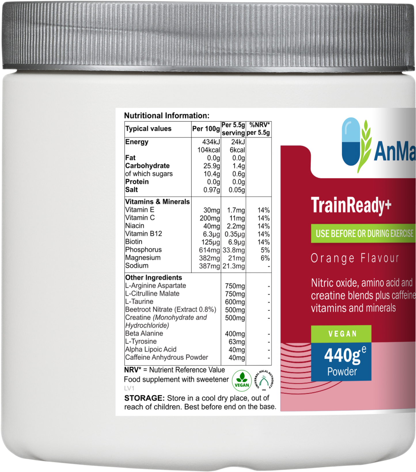 Nutritional information panel on the AnMar™ TrainReady+ Orange Flavour supplement tub, detailing per-serving values for vitamins, minerals, amino acids, and other active ingredients like L-arginine, creatine, and caffeine.
