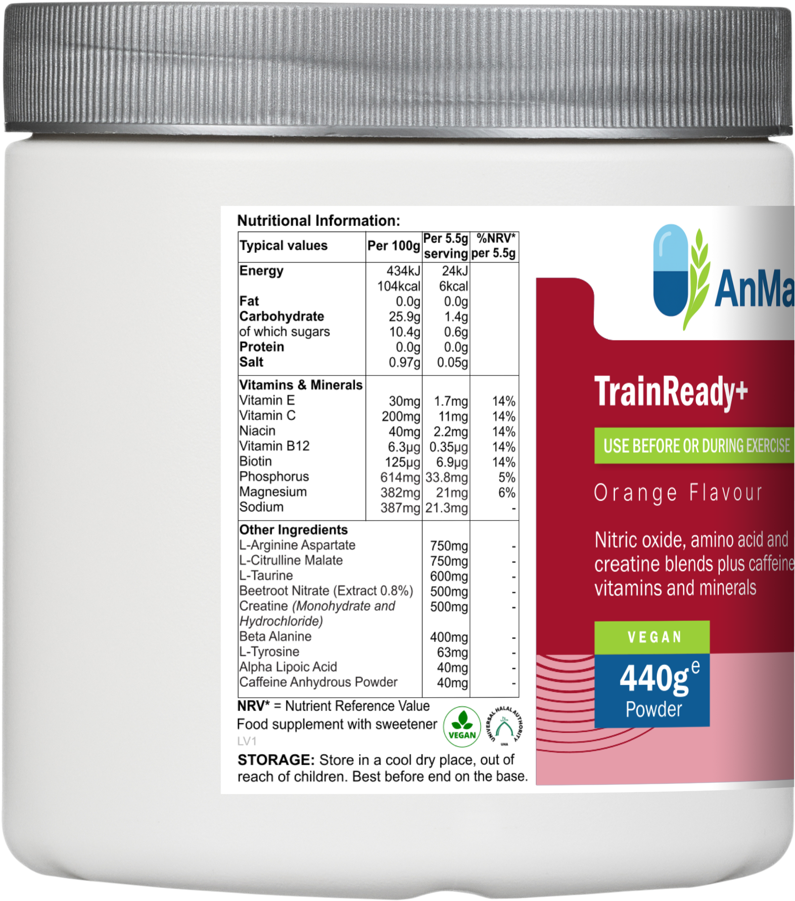 Nutritional information panel on the AnMar™ TrainReady+ Orange Flavour supplement tub, detailing per-serving values for vitamins, minerals, amino acids, and other active ingredients like L-arginine, creatine, and caffeine.