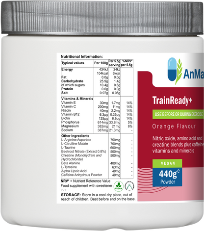Nutritional information panel on the AnMar™ TrainReady+ Orange Flavour supplement tub, detailing per-serving values for vitamins, minerals, amino acids, and other active ingredients like L-arginine, creatine, and caffeine.