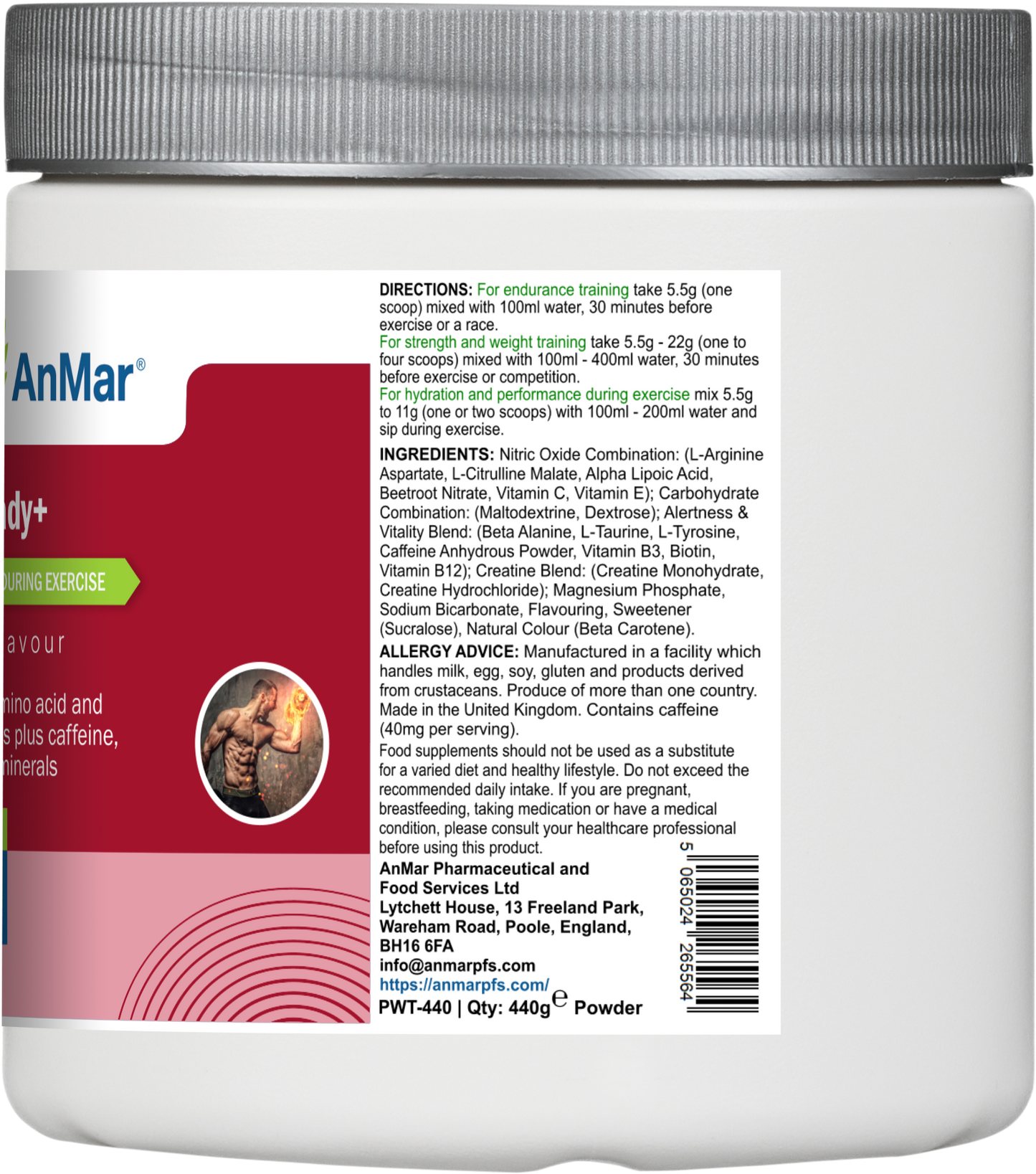Back label of AnMar™ TrainReady+ Orange Flavour supplement tub, showing usage directions, ingredients list including L-arginine, creatine, caffeine, and vitamins, as well as manufacturer contact details and nutritional disclaimers.