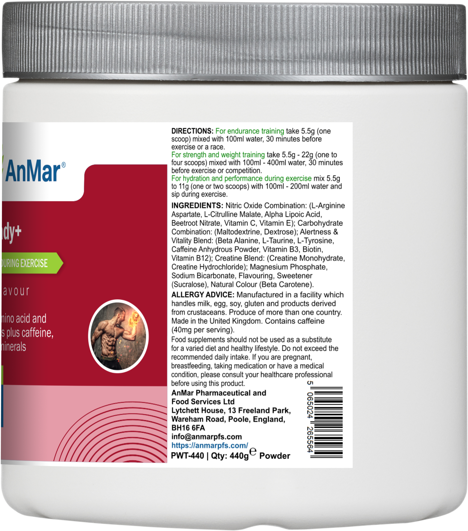 Back label of AnMar™ TrainReady+ Orange Flavour supplement tub, showing usage directions, ingredients list including L-arginine, creatine, caffeine, and vitamins, as well as manufacturer contact details and nutritional disclaimers.