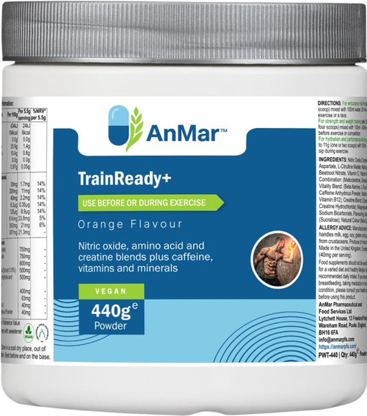 AnMar™ TrainReady+ pre-workout supplement – 440g orange-flavoured vegan powder tub with blue and green label, showing nitric oxide, amino acid, creatine, and caffeine blend