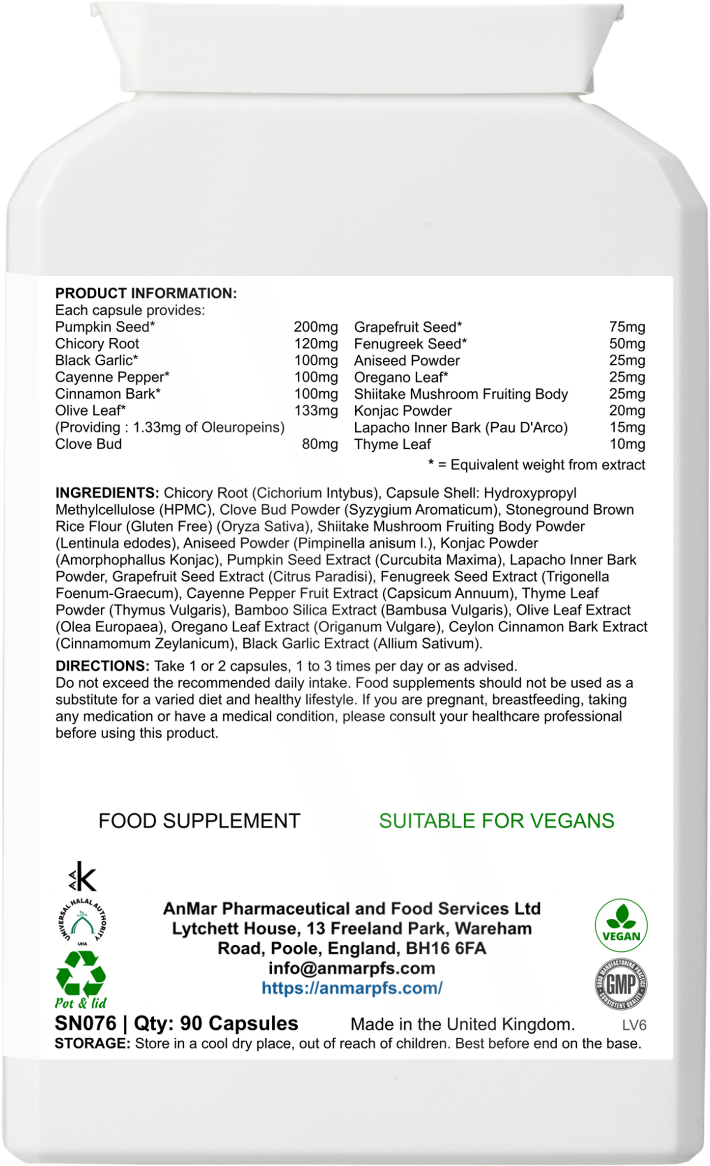 Back label of AnMar™ TummyCalm bottle showing supplement facts, full ingredient list, usage directions, and vegan certification.