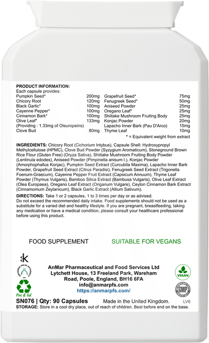 Back label of AnMar™ TummyCalm bottle showing supplement facts, full ingredient list, usage directions, and vegan certification.