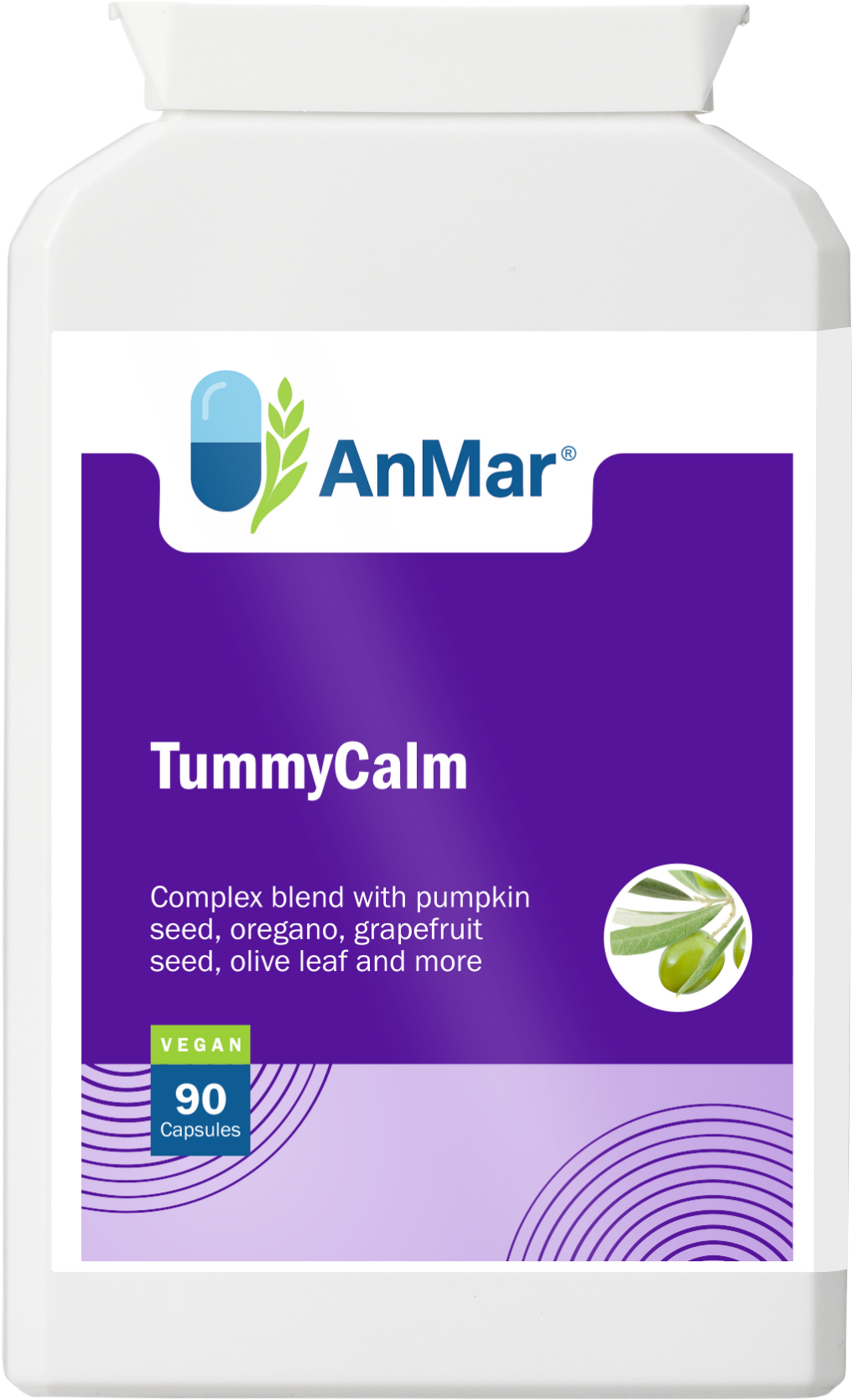 Front view of AnMar™ TummyCalm supplement bottle, highlighting digestive blend with pumpkin seed, oregano, olive leaf, and more.