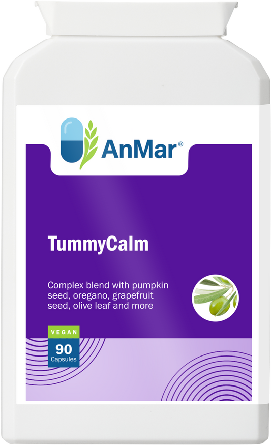 Front view of AnMar™ TummyCalm supplement bottle, highlighting digestive blend with pumpkin seed, oregano, olive leaf, and more.