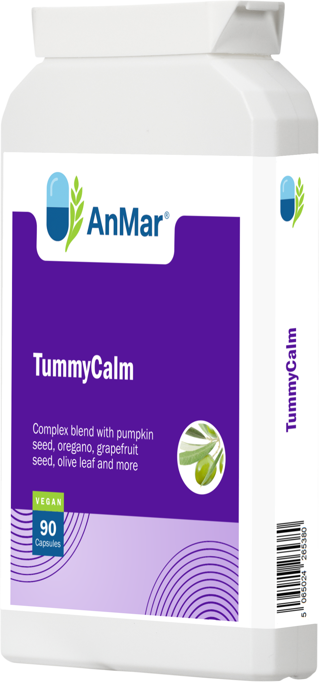 Right-angled view of AnMar™ TummyCalm supplement pack with 90 vegan capsules, highlighting its complex blend with pumpkin seed, oregano, grapefruit seed, olive leaf, and more.