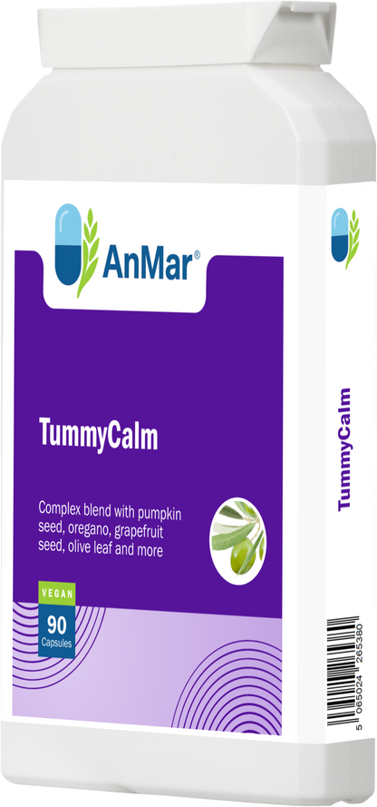 Right-angled view of AnMar™ TummyCalm supplement pack with 90 vegan capsules, highlighting its complex blend with pumpkin seed, oregano, grapefruit seed, olive leaf, and more.