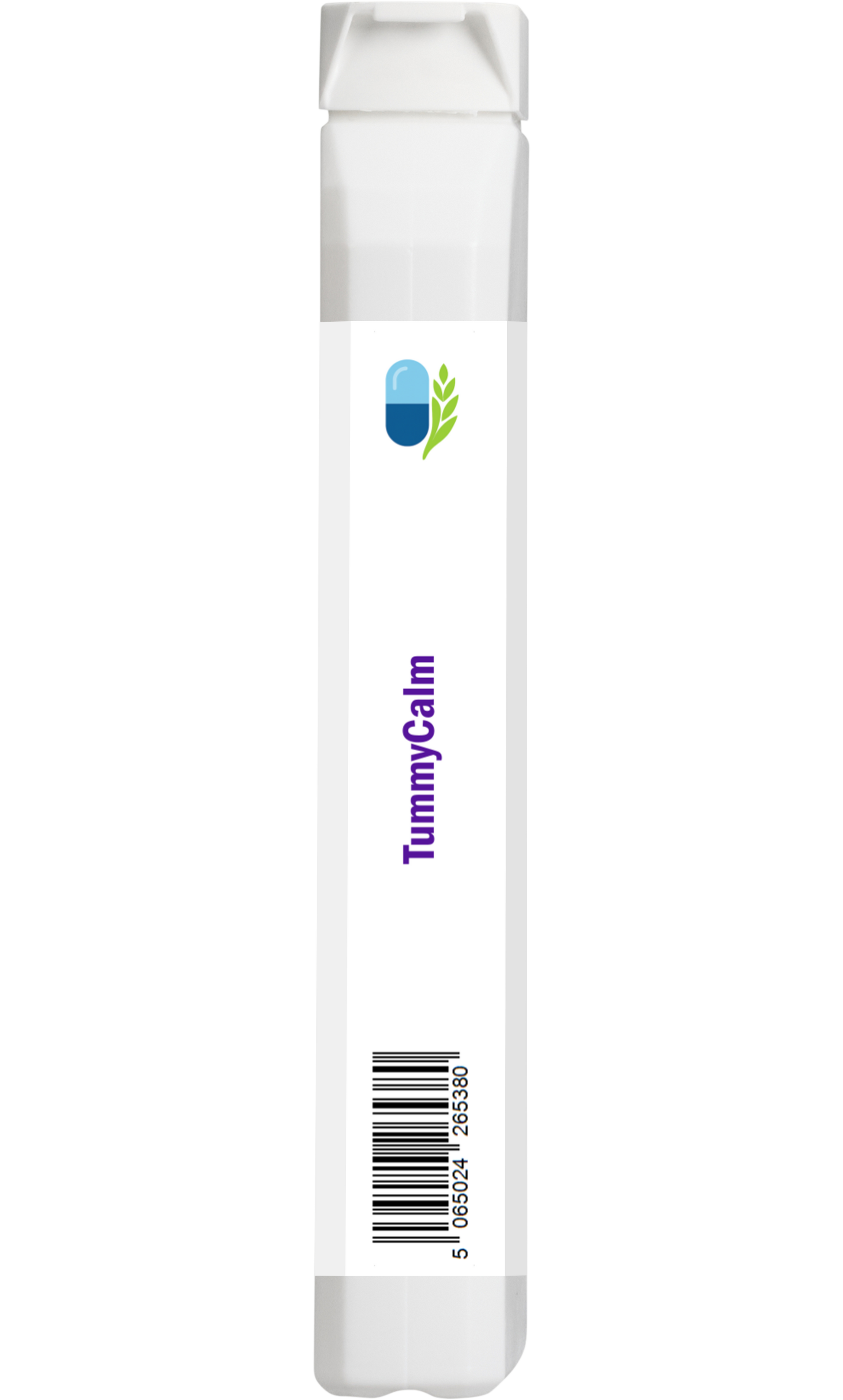 Side profile of AnMar™ TummyCalm supplement bottle showing barcode label on narrow edge of vegan capsule container.