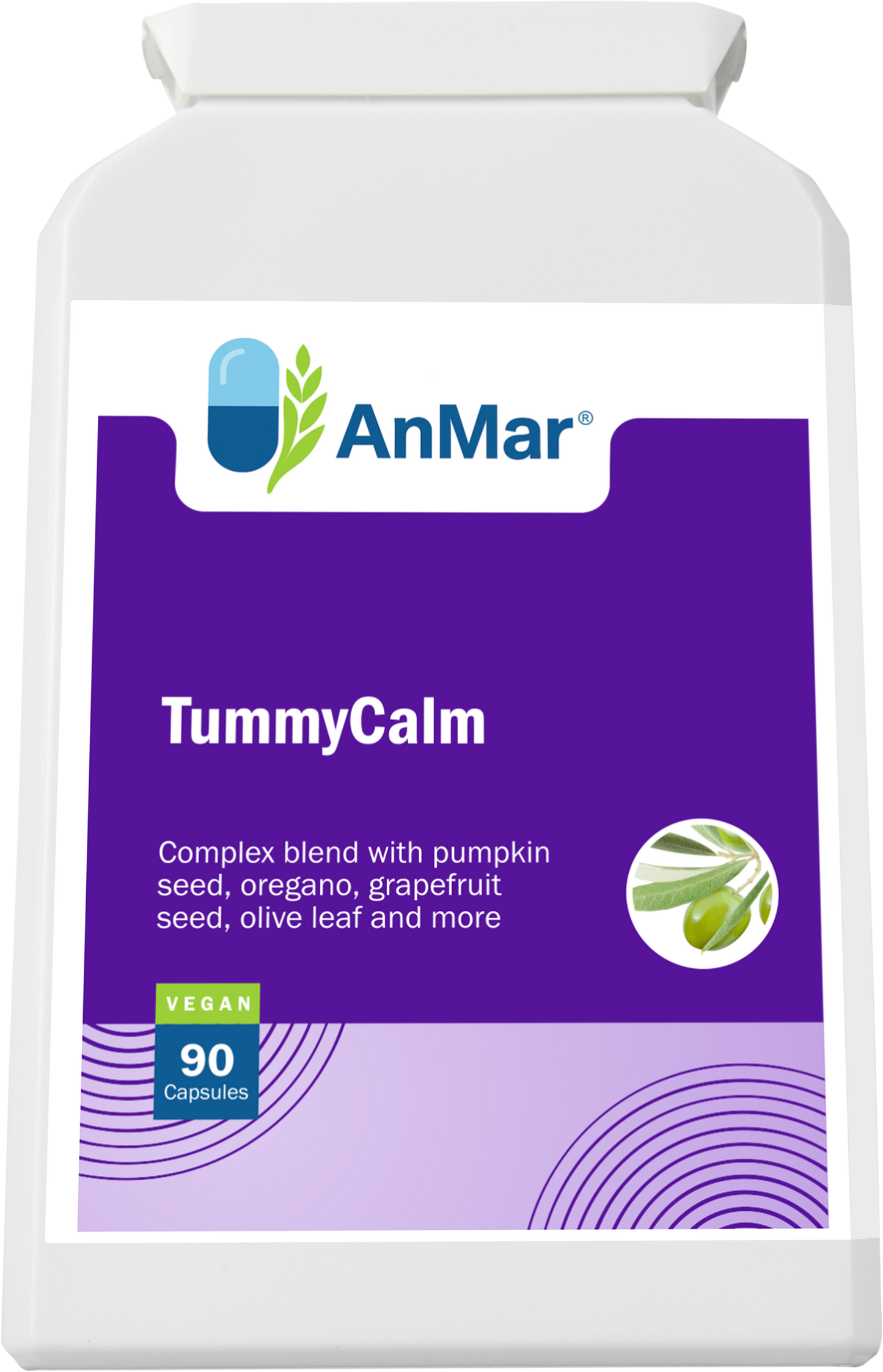 Angled front view of AnMar™ TummyCalm supplement, showing vegan capsule bottle for digestive support with herbal ingredients.
