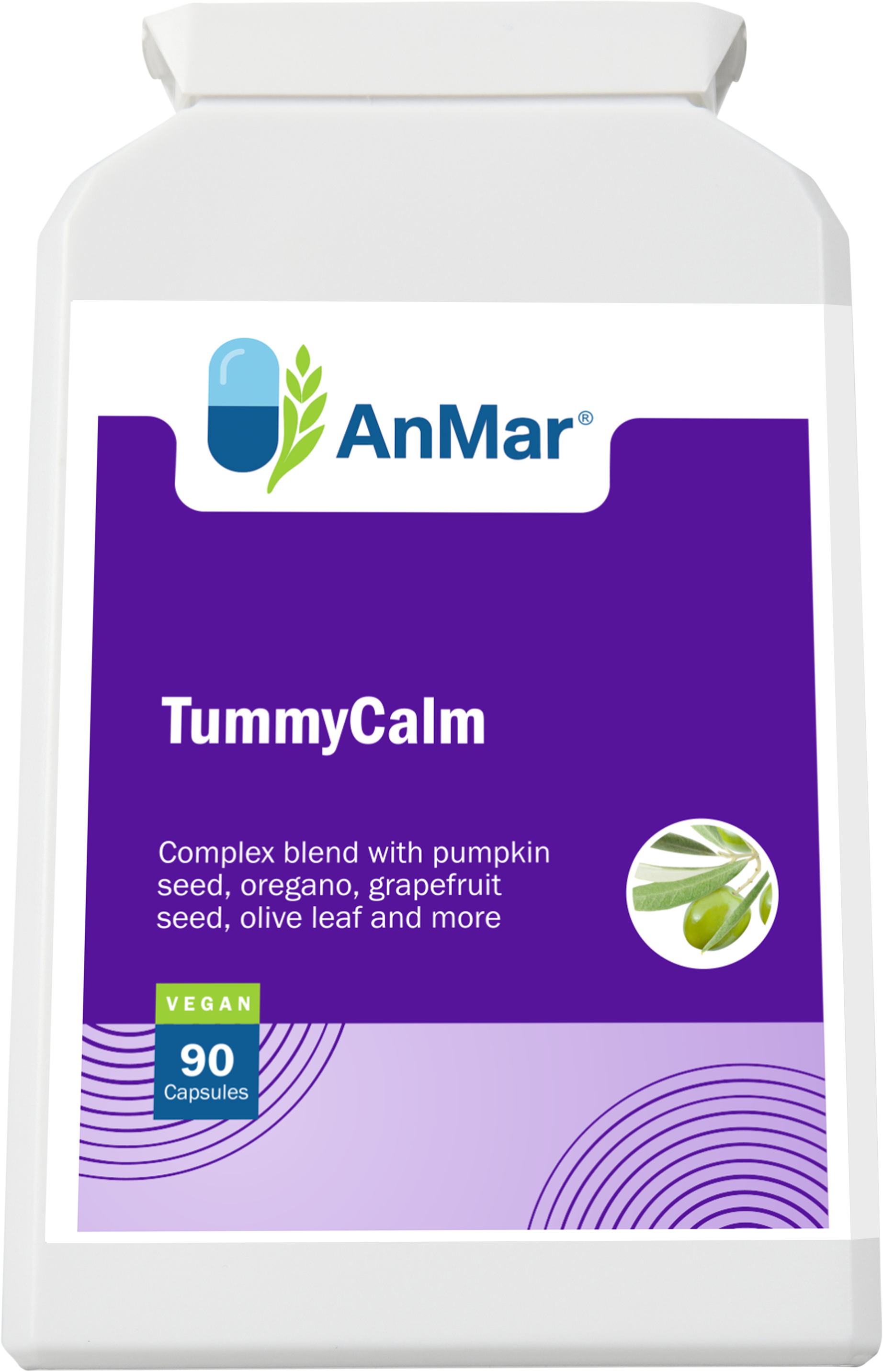 Angled front view of AnMar™ TummyCalm supplement, showing vegan capsule bottle for digestive support with herbal ingredients.