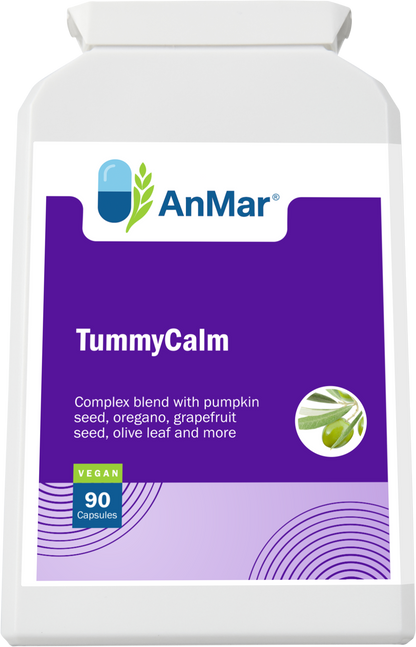 Angled front view of AnMar™ TummyCalm supplement, showing vegan capsule bottle for digestive support with herbal ingredients.