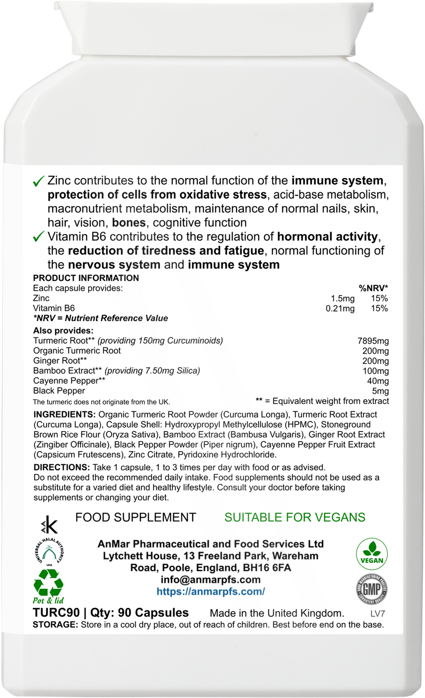 Rear view of AnMar™ TurmericPlus supplement bottle showing ingredients, vitamin and mineral content, suggested use, allergy advice, and manufacturer details.