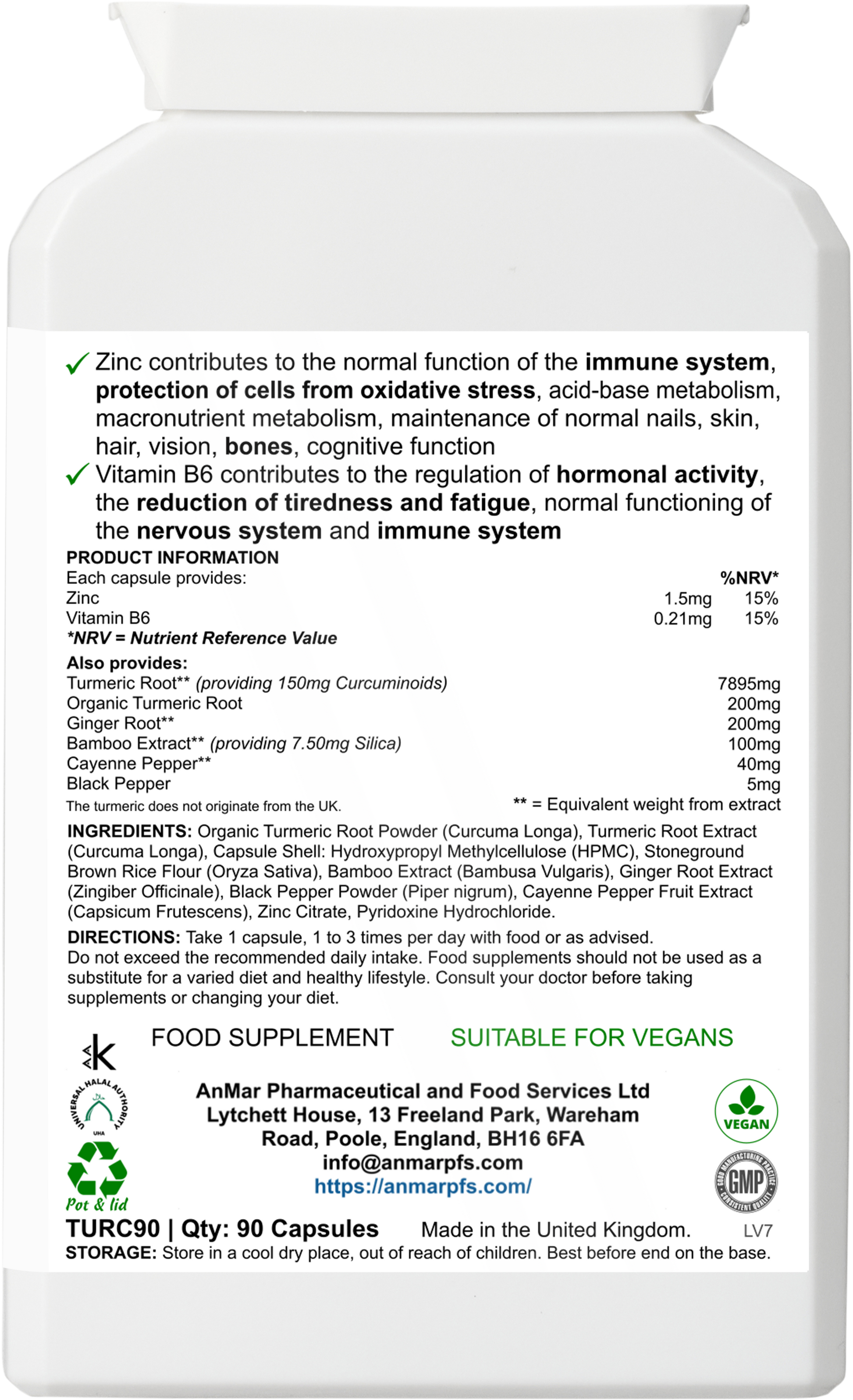 Rear view of AnMar™ TurmericPlus supplement bottle showing ingredients, vitamin and mineral content, suggested use, allergy advice, and manufacturer details.