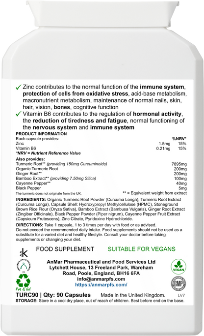 Rear view of AnMar™ TurmericPlus supplement bottle showing ingredients, vitamin and mineral content, suggested use, allergy advice, and manufacturer details.