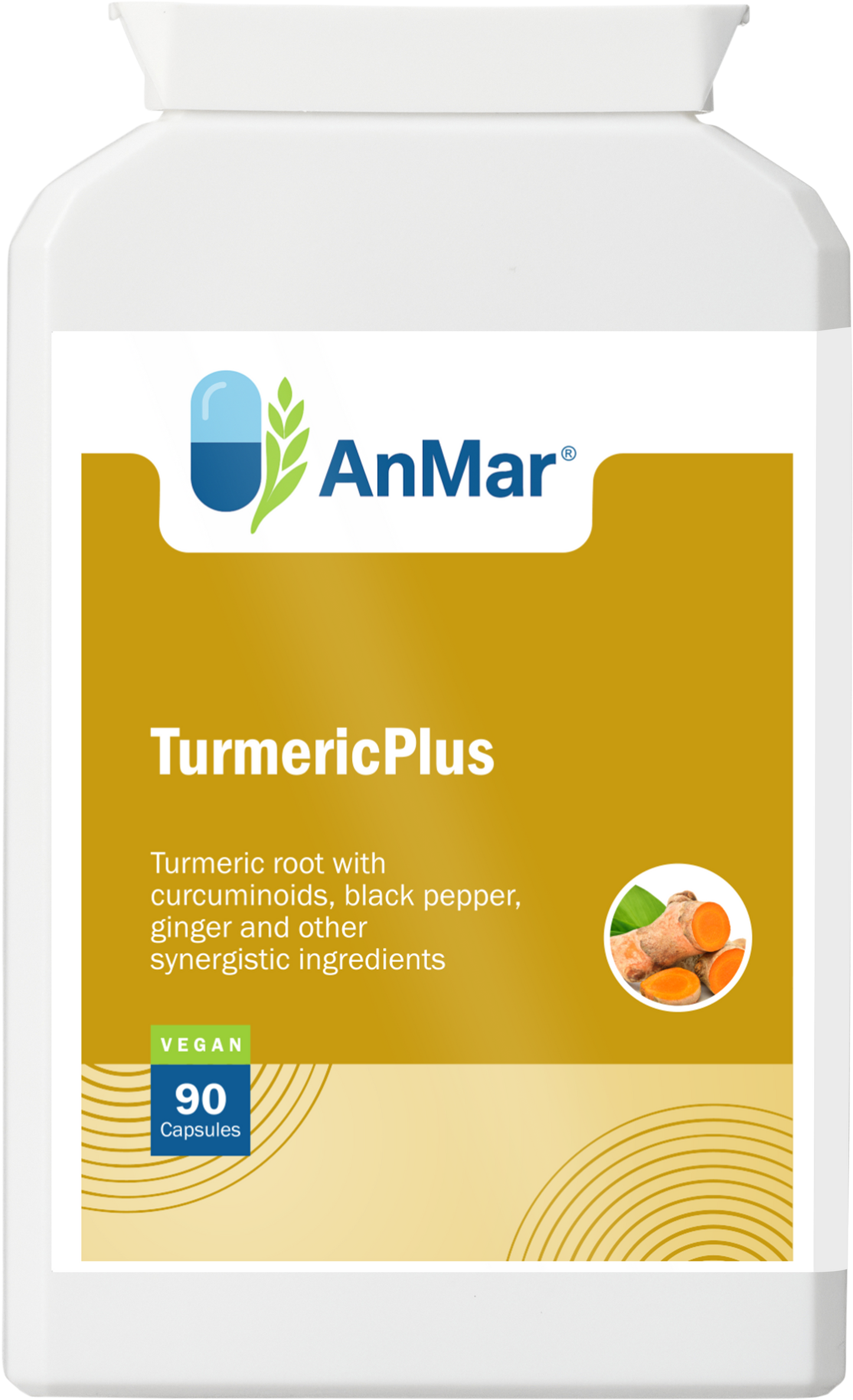 Front view of AnMar™ TurmericPlus supplement bottle containing 90 vegan capsules with turmeric, black pepper, and ginger.