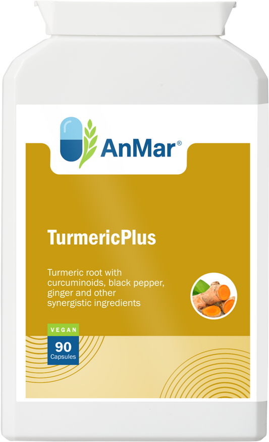 Front view of AnMar™ TurmericPlus supplement bottle containing 90 vegan capsules with turmeric, black pepper, and ginger.