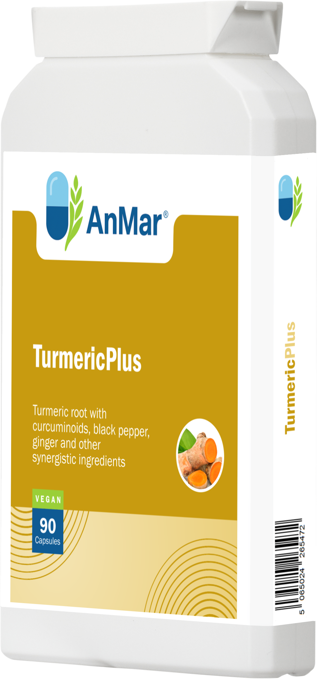 Side-angled view of AnMar™ TurmericPlus bottle with 90 vegan capsules, featuring turmeric, ginger, and black pepper for synergistic digestive and antioxidant support.