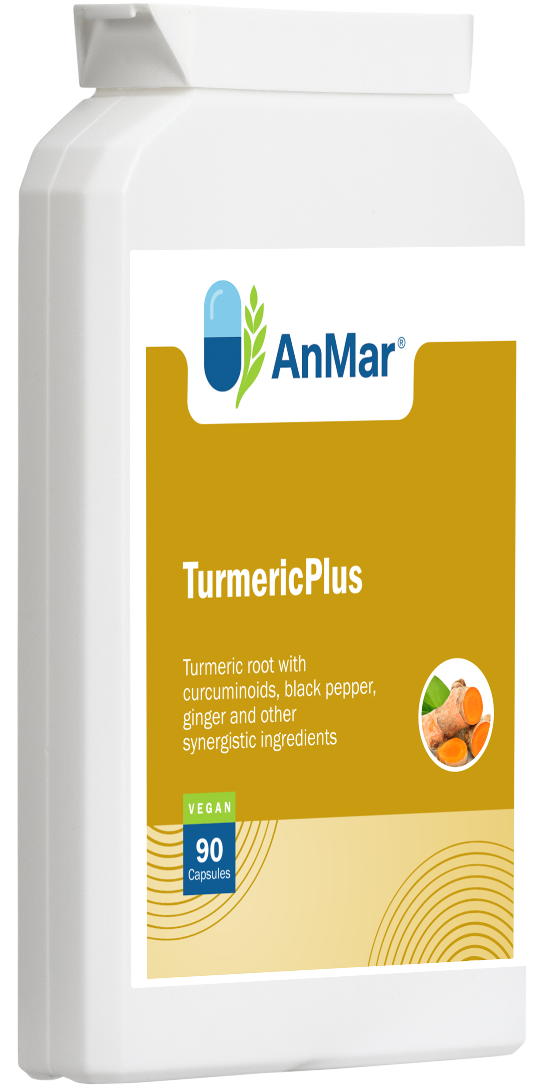 Left-side angled view of AnMar™ TurmericPlus bottle featuring 90 vegan capsules with turmeric, ginger, and black pepper for daily antioxidant and inflammation support.